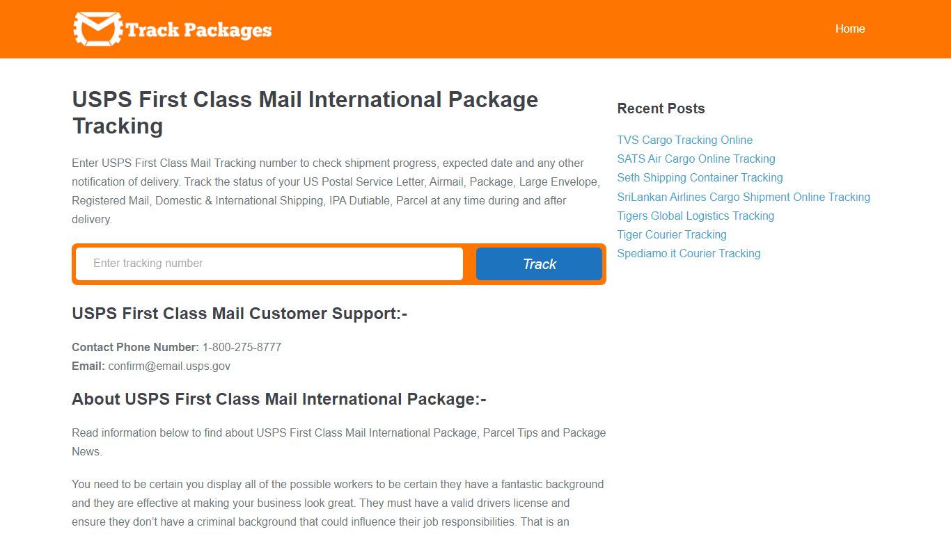 USPS First Class Mail International Package Tracking